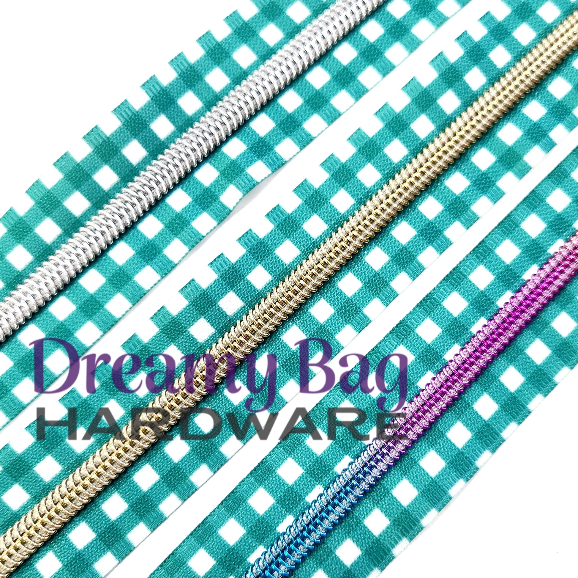 #5 Zipper Tape Sapphire Green Gingham with coloured nylon teeth