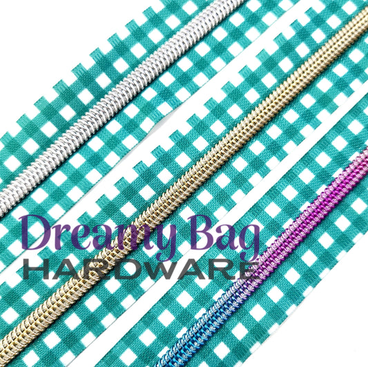 #5 Zipper Tape Sapphire Green Gingham with coloured nylon teeth