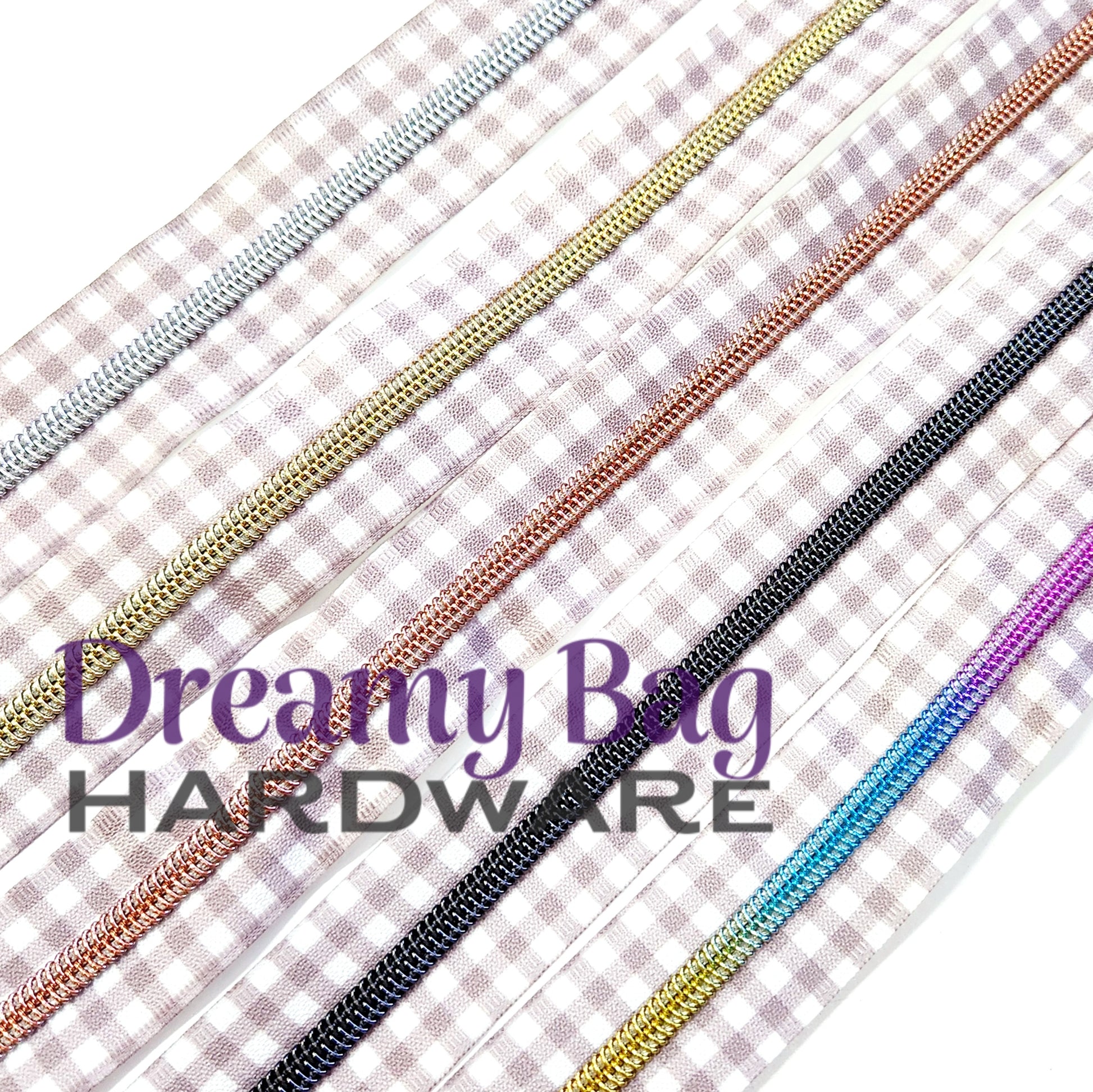 #5 Zipper Tape Mauve Gingham with coloured nylon teeth