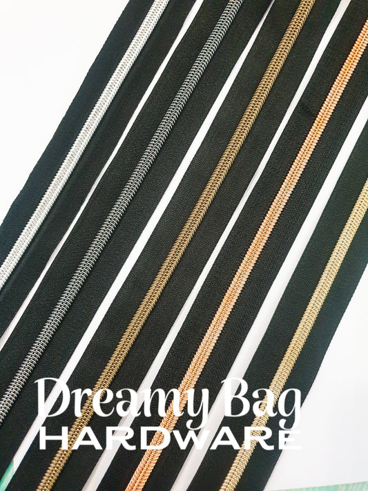 #3 and #5 Zipper Tape Black with coloured nylon teeth