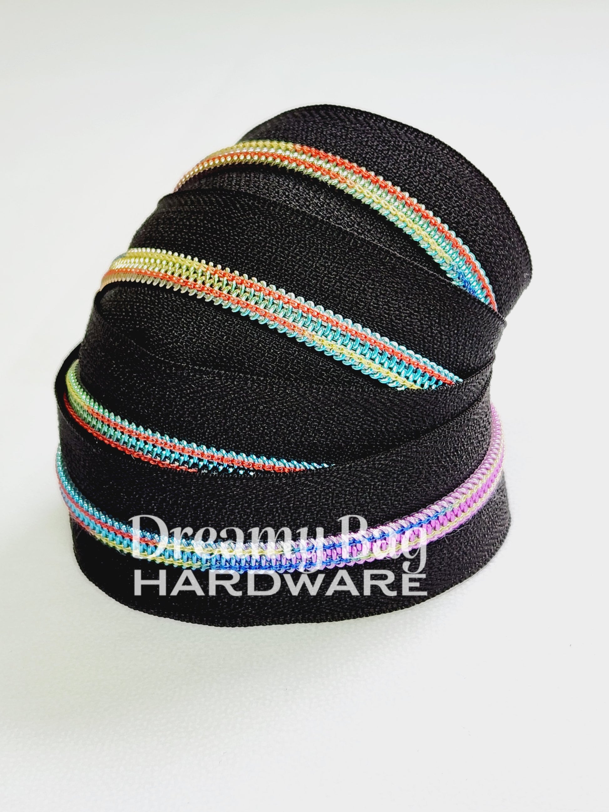 #5 Zipper Tape Black with metallic teeth and metallic rainbow thread nylon teeth