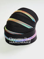 #5 Zipper Tape Black with metallic teeth and metallic rainbow thread nylon teeth