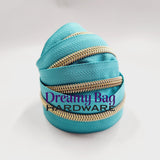 Reißverschlussband Nr. 3 und Nr. 5, blaugrün mit farbigen Nylonzähnen