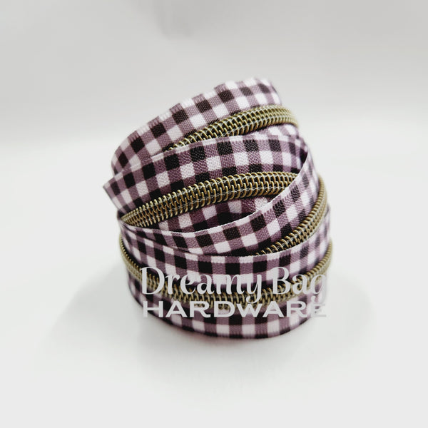 #5 Zipper Tape Brown Gingham with Antique Brass Nylon teeth
