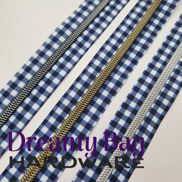 #5 Zipper Tape Navy Gingham with coloured nylon teeth